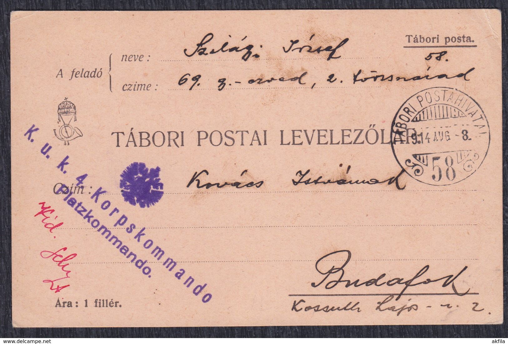 Austria Hungary K.u.k. 4. Korpskomando 1914 Tabori Post Office 58 - Covers & Documents