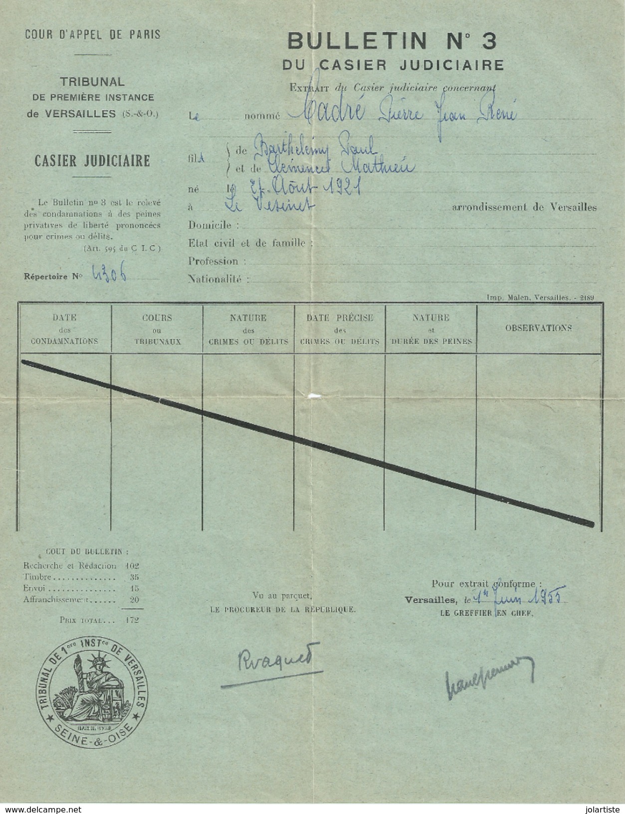 LE VESINET Acte D Etat Civil CADRE Pierre Jean Rene Marie A TARBES , Extrait Casier Judi..et Un Timbres Communal  N13 - Seals Of Generality