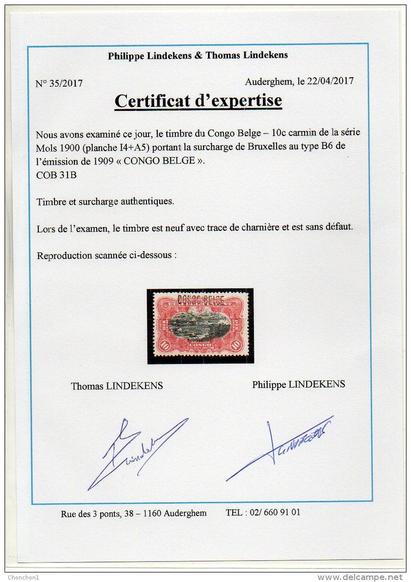 CONGO - MOLS - 10c Carmin COB 31B - Surch Bruxelles B6 - X - Certificat - RRR - VL06 - Ungebraucht