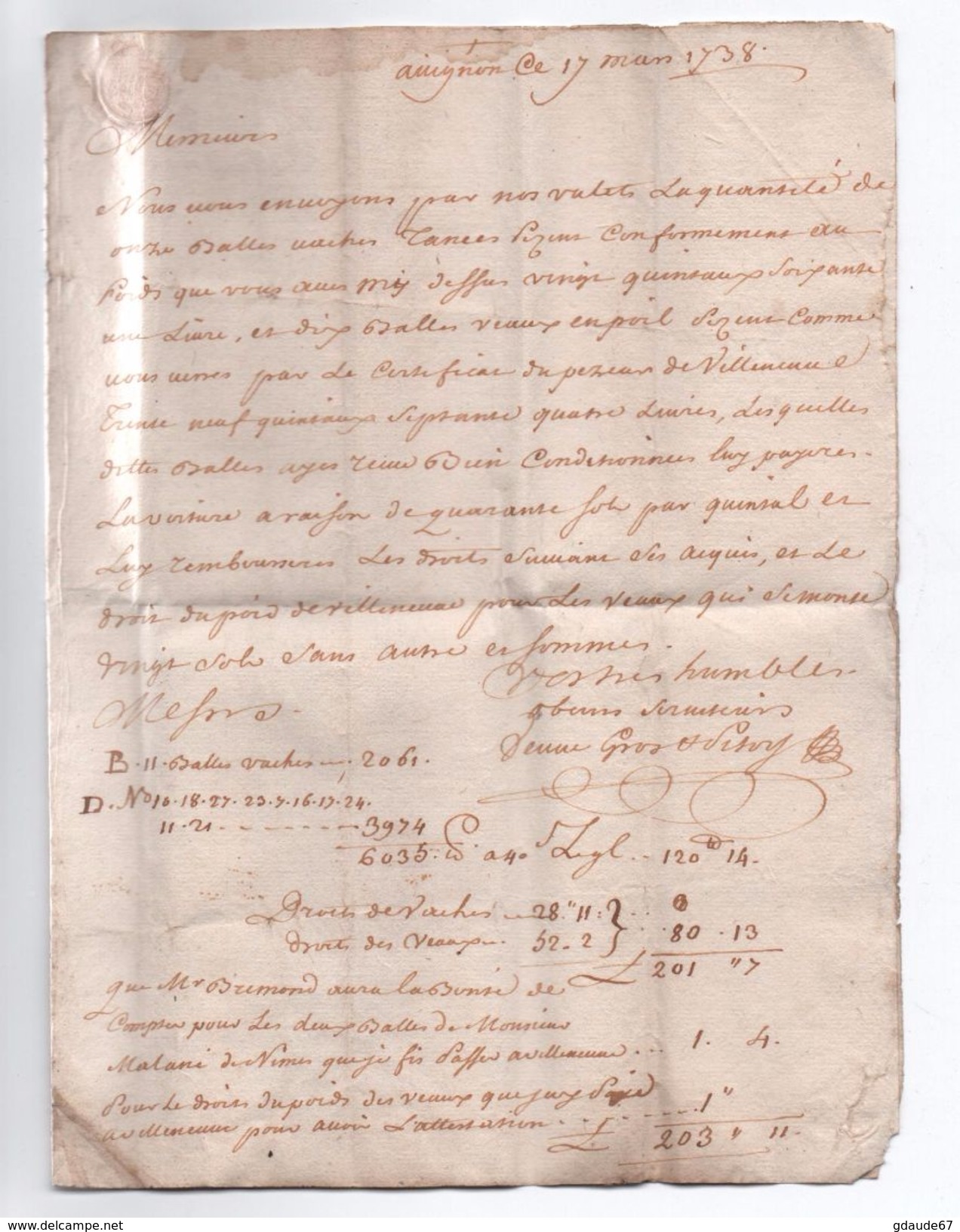 1738 - LETTRE D'AVIGNON (VAUCLUSE) Pour BRIGNOLES (VAR) - 1701-1800: Précurseurs XVIII