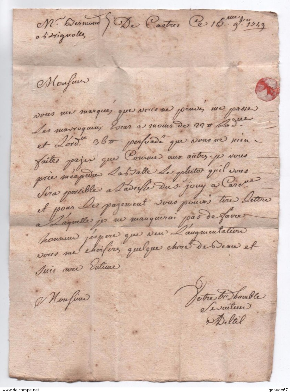 1749 - LETTRE De CASTRES (TARN) Avec MP LENAIN N°1a "CASTRE" Pour BRIGNOLES (VAR) - 1701-1800: Précurseurs XVIII