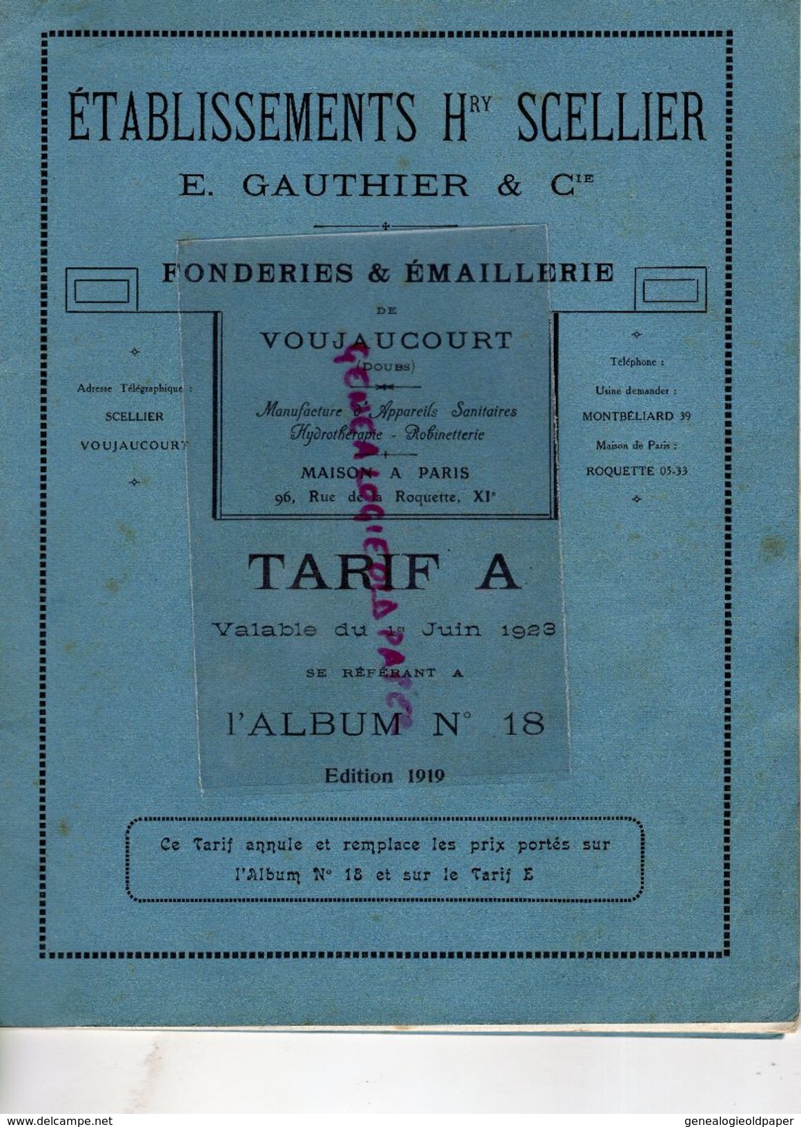 25- VOUJAUCOURT-MONTBELIARD- RARE CATALOGUE ETS. HENRY SCELLIER & E. GAUTHIER-FONDERIES EMAILLERIES-EMAIL-FONDERIE-1919 - Artesanos