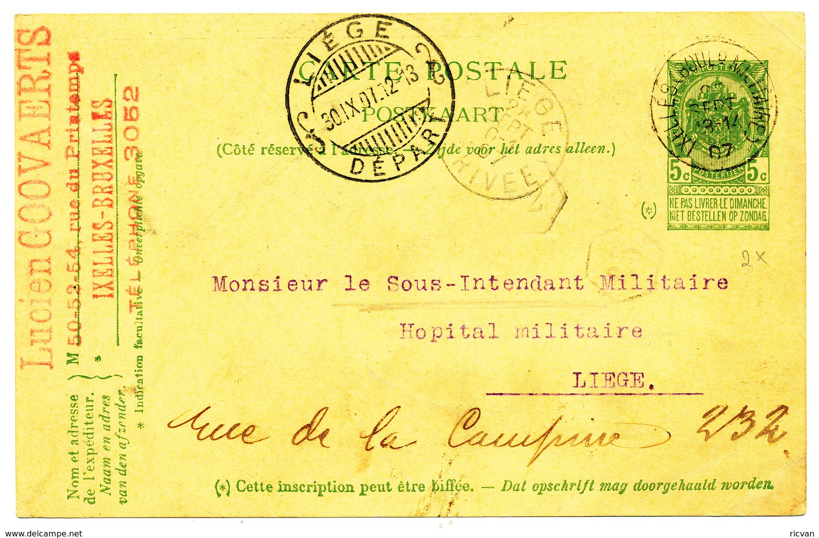 BRUGSTEMPEL 1907 POSTKAART TYPE COB56 V. IXELLES(BLd MILITAIRE) N. LIEGE DEPART (ook LIEGE ARRIVEE) ZIE SCAN(S) - Postcards 1871-1909