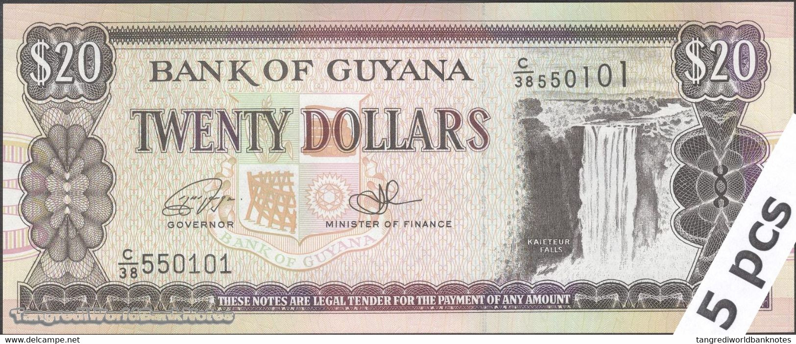 TWN - GUYANA 30f - 20 Dollars 2016 DEALERS LOT X 5 - Prefix C/38 - Signatures: Ganga & A. Singh UNC - Guyana