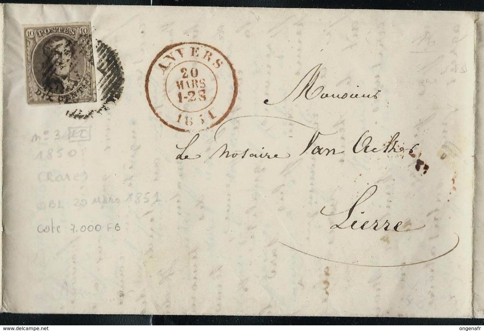 Doc. De Anvers Le 20/03/1851 Pour Lierre  Avec N° 3  LL Encadré - 1849-1865 Medaillen (Sonstige)