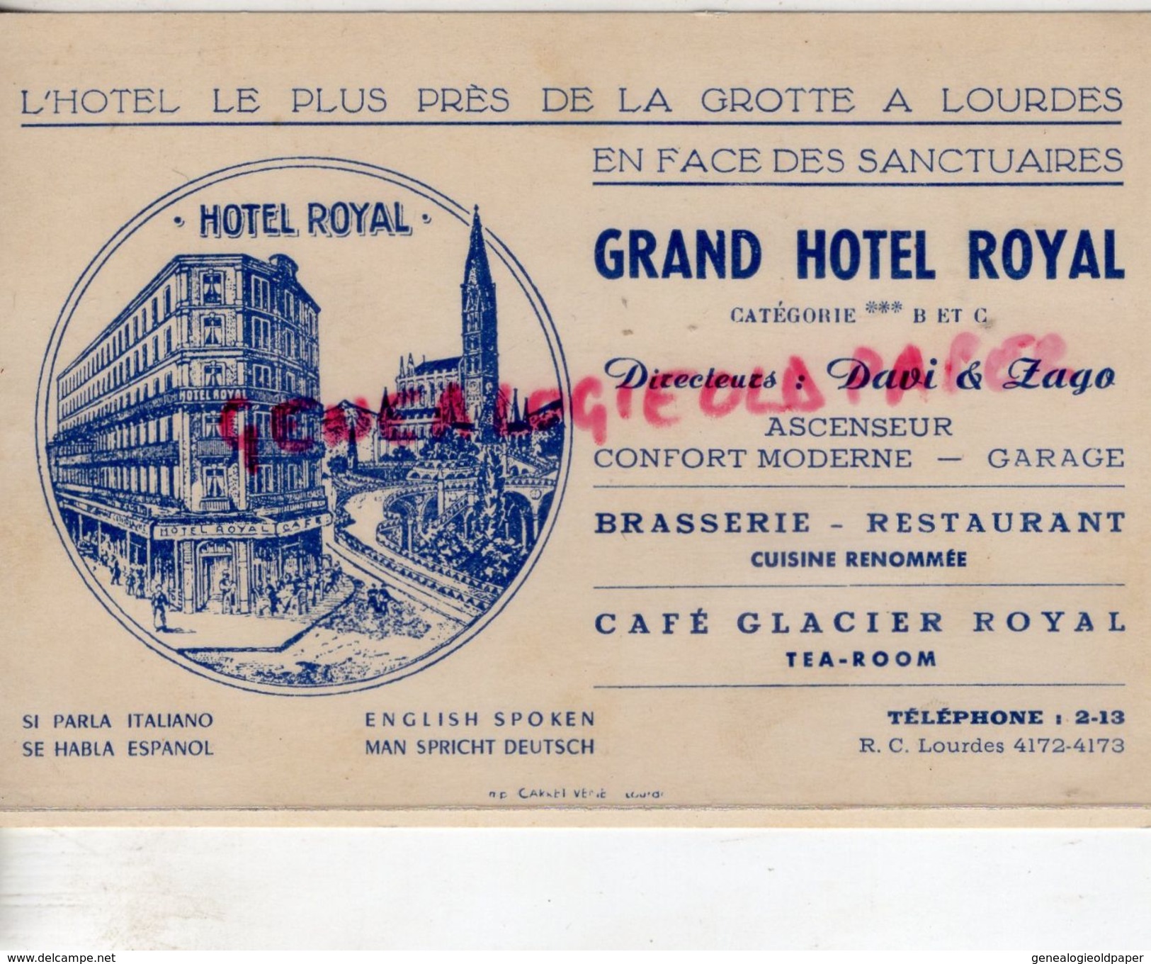 65- LOURDES- RARE CARTE GRAND HOTEL ROYAL -DIRECTEURS DAVI & ZAGO-CAFE BRASSERIE - Petits Métiers