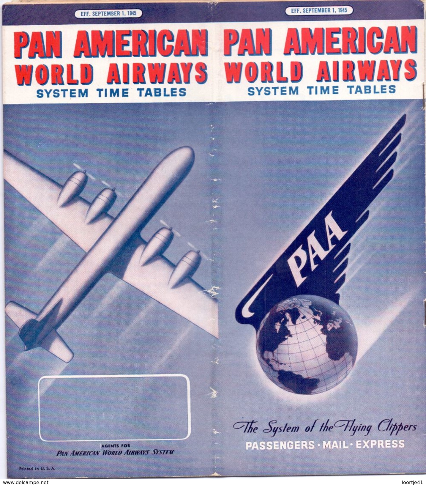 Dienstregeling Horaires Vliegtuigmaatschappij  - Time Tables Pan American World Airways - 1945 - Europe