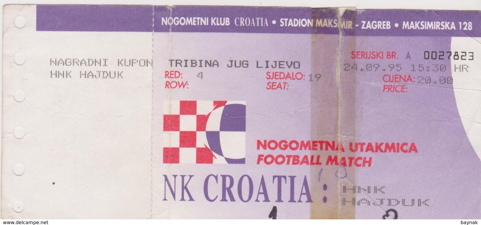 NK  ,, CROATIA ,,   ZAGREB  Vs  HNK  .,  HAJDUK  ,,   SPLIT   --  FOOTBALL TICKET  --  1995 - Eintrittskarten