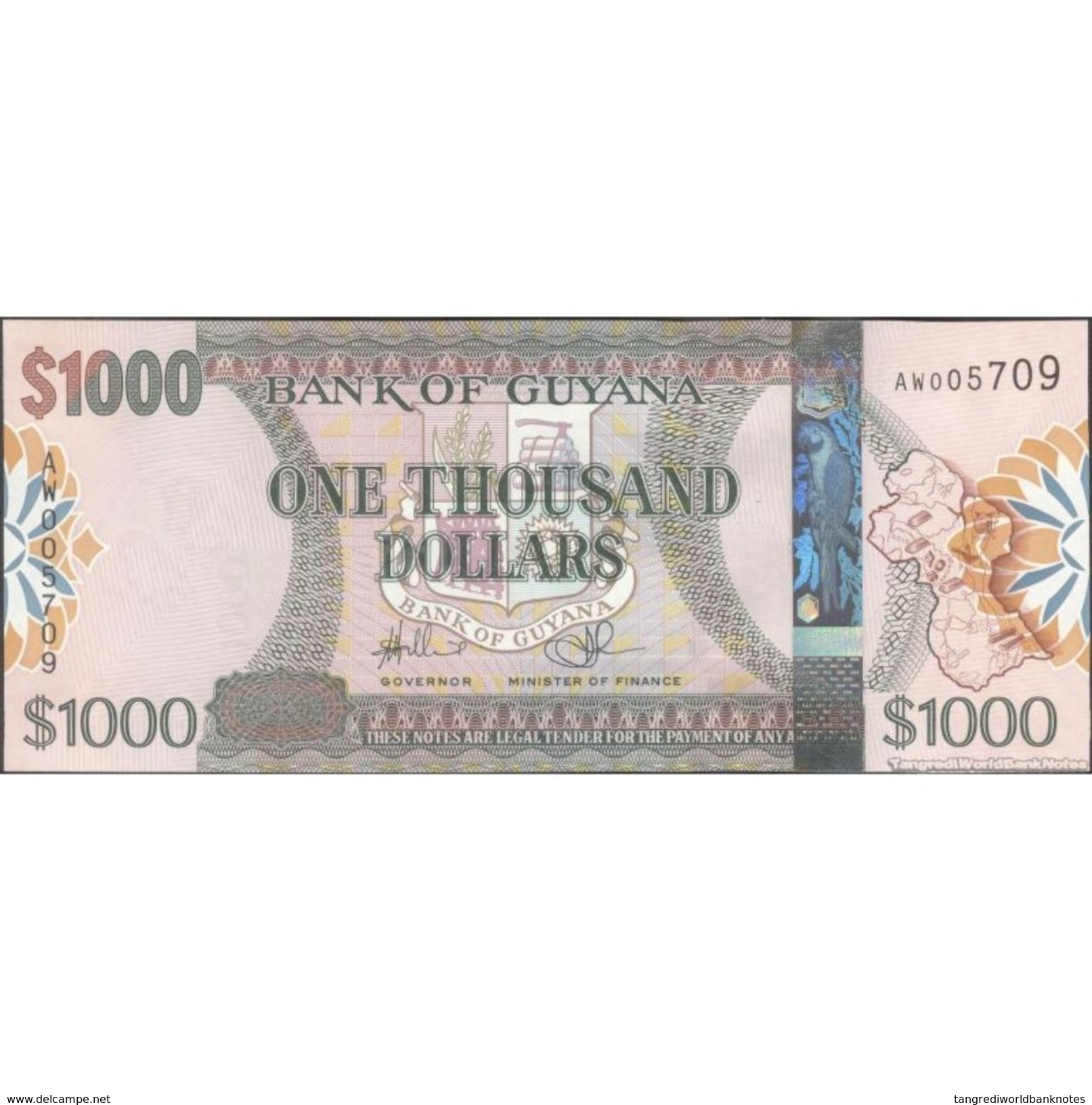 TWN - GUYANA 39 - 1000 1.000 Dollars 2011 Prefix AW - Signatures: Williams & A. Singh - Printer: G&D UNC - Guyana