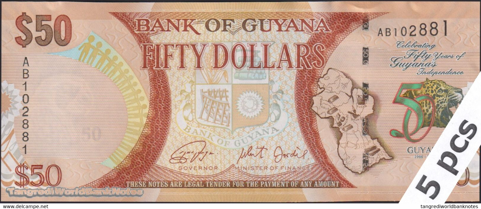 TWN - GUYANA 41 - 50 Doll. 2016 DEALERS LOT X 5 - 50th Ann. Of Independence - Prefix AA - Signatures: Ganga & Jordan UNC - Guyana