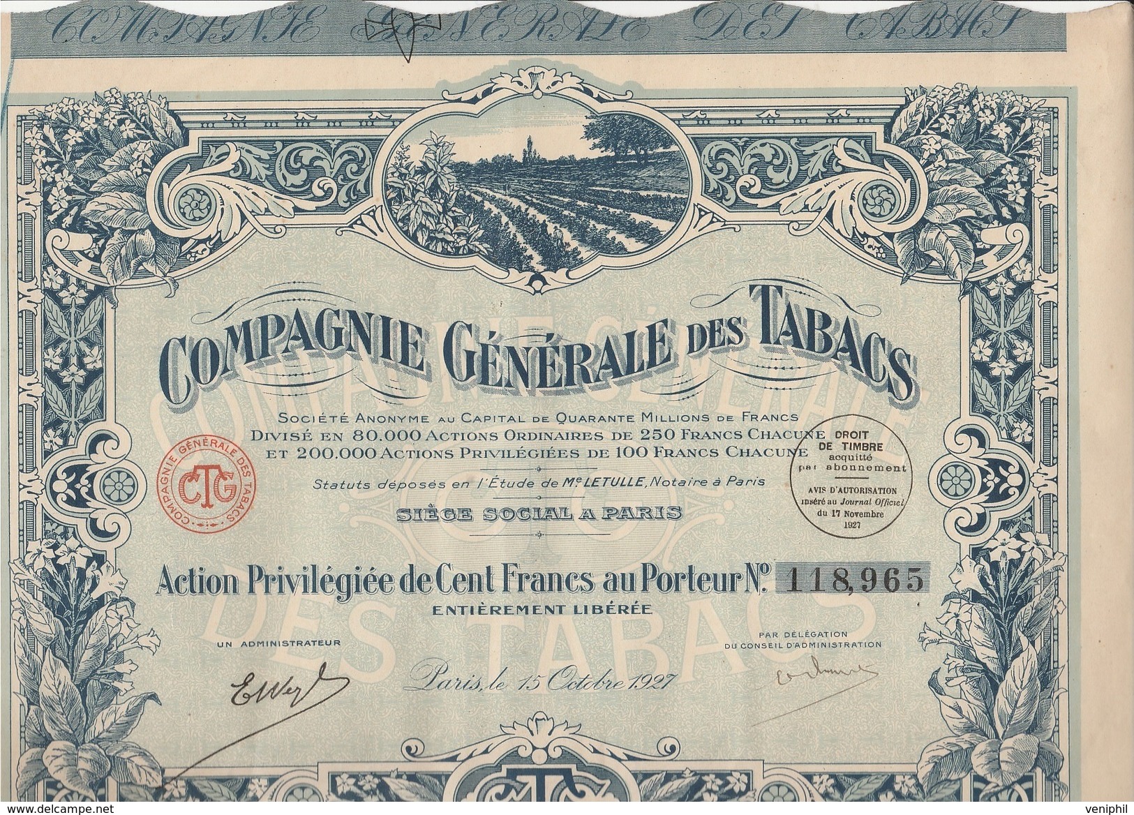 ACTION DE CENT FRANCS - COMPAGNIE GENERALE DES TABACS - ANNEE 1927 - Autres & Non Classés