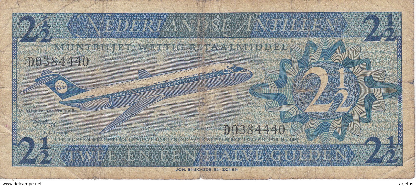 BILLETE DE NEDERLANDSE ANTILLEN DE 2,50 GULDEN  DEL AÑO 1970  (BANKNOTE) AVION-PLANE - Antillas Neerlandesas (...-1986)