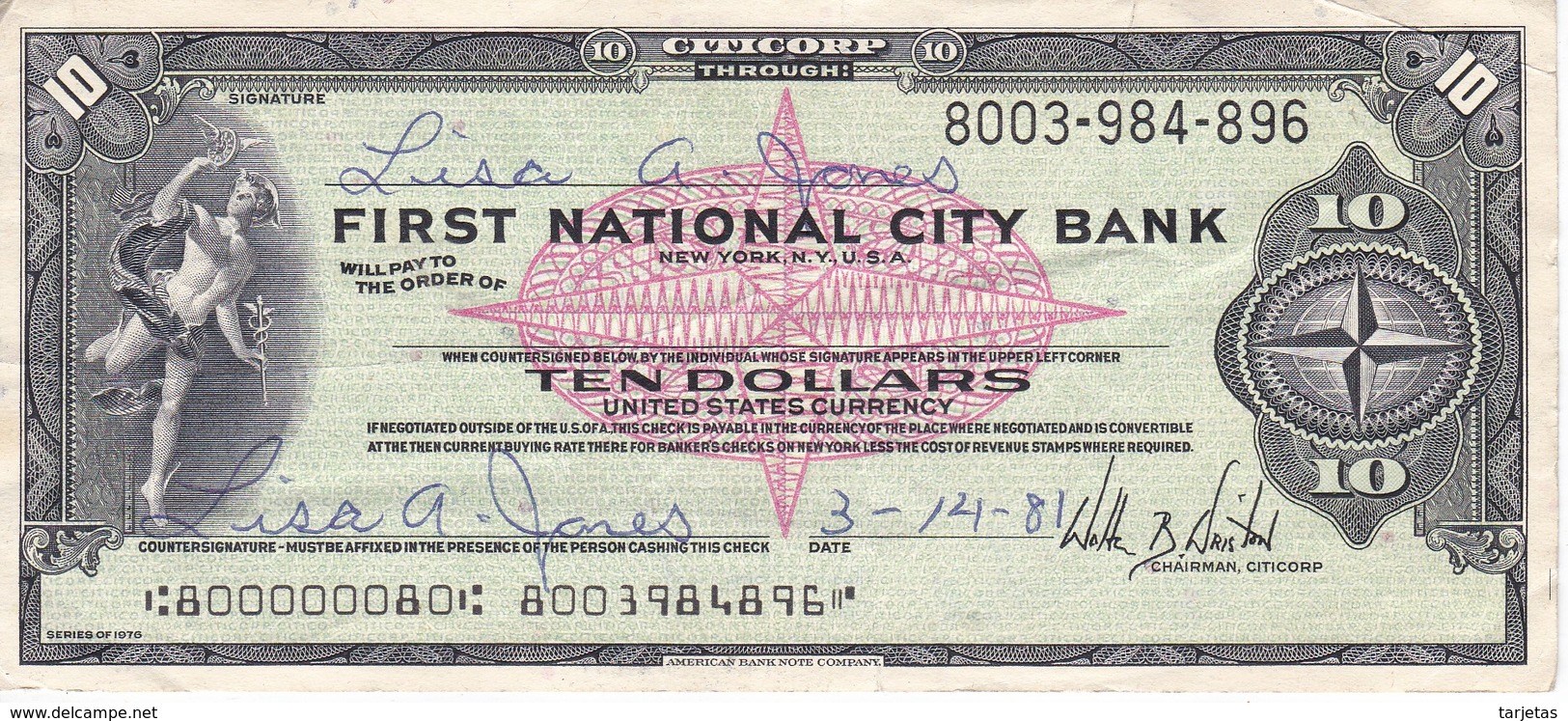 BILLETE DE ESTADOS UNIDOS DE FIRST NATIONAL CITY BANK DE 10 DOLLARS DEL AÑO 1976  (TALON) - Altri & Non Classificati
