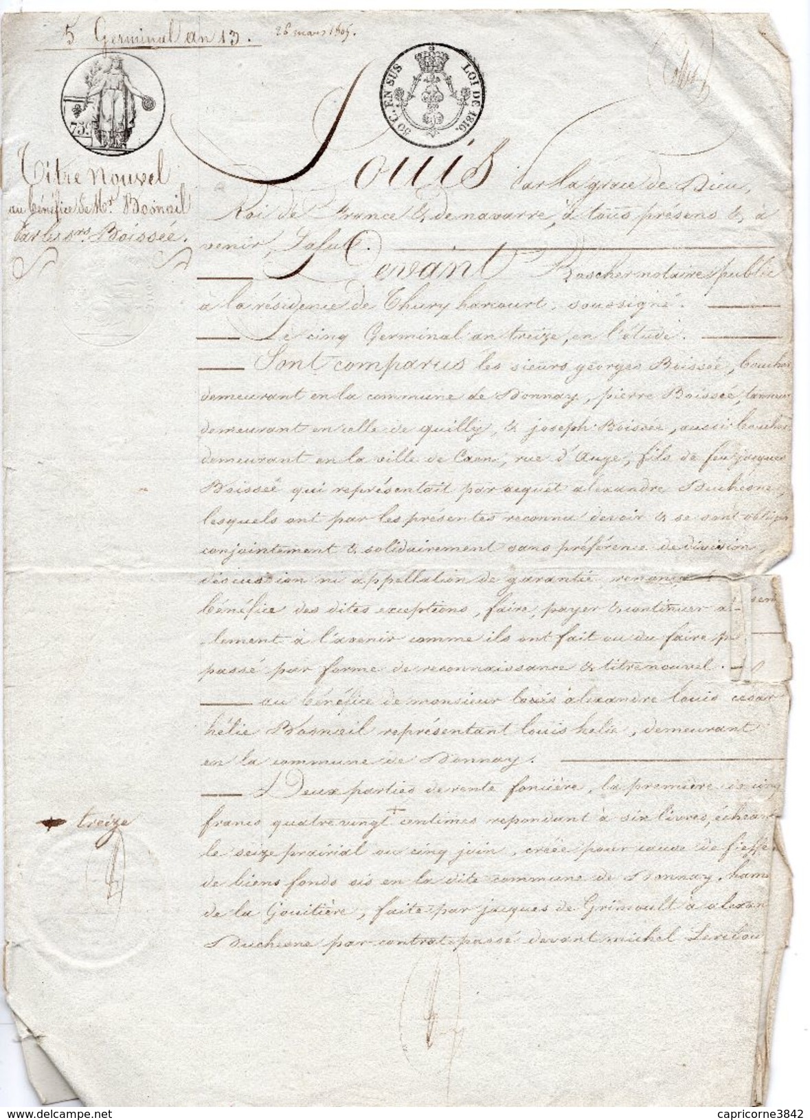 5 Germinal An 13 - 1805 - Acte Notarié (2 Pages) Timbre Fiscal 75ct + Timbre "50ct EN SUS" + Timbre Notarial - Autres & Non Classés