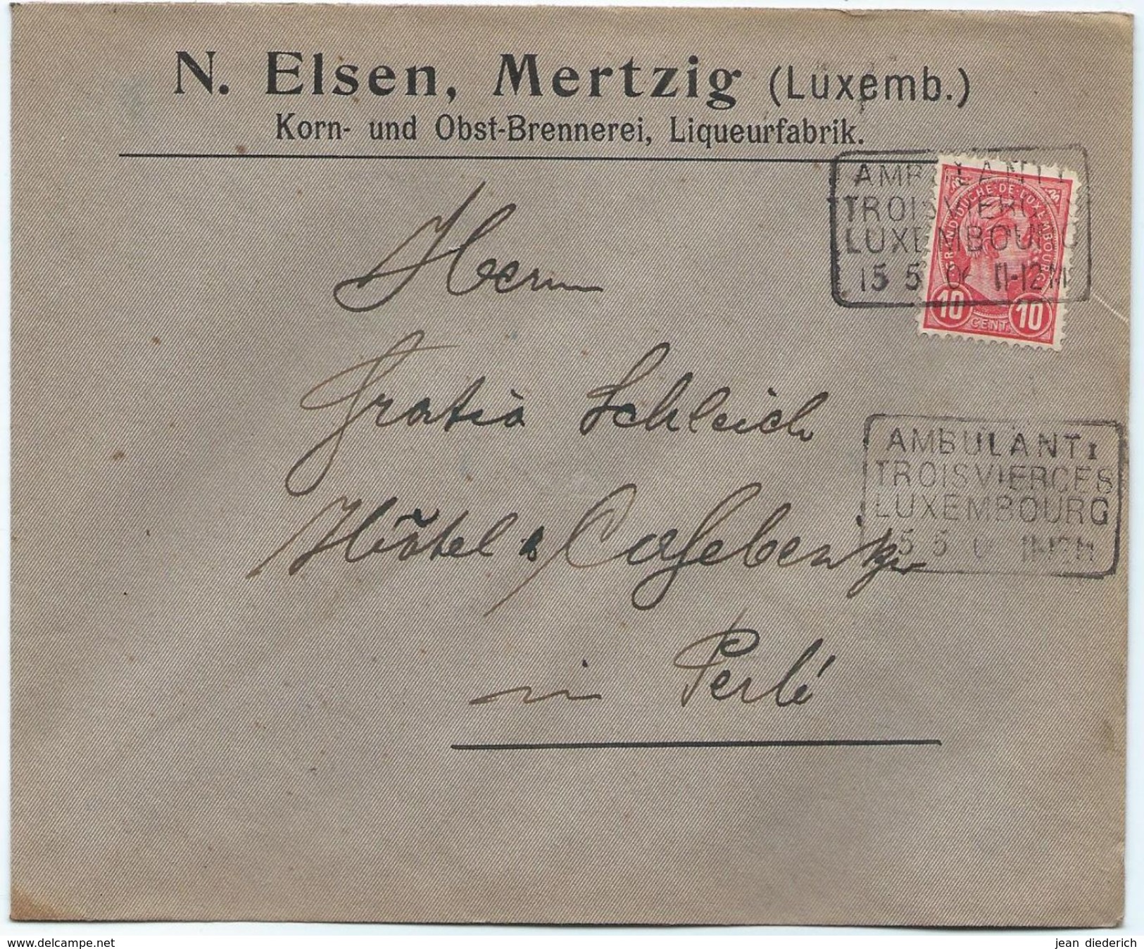 Brief - N. Elsen, Korn- Und Obstbrennerei, Liqueurfabrik, Mertzig - Stempel 15-05-1906 - Maschinenstempel (EMA)