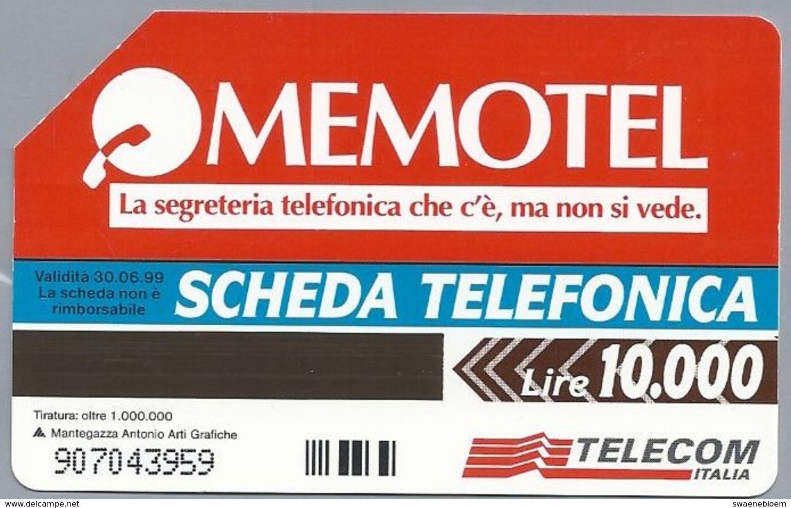 IT.- TELECOM ITALIA. CARTA TELEFONICA. LIRE 10.000. MEMOTEL. SERVIZIO DI SEGRETERIA TELEFONICA. 2 Scans - GSM-Kaarten, Aanvulling & Voorafbetaald