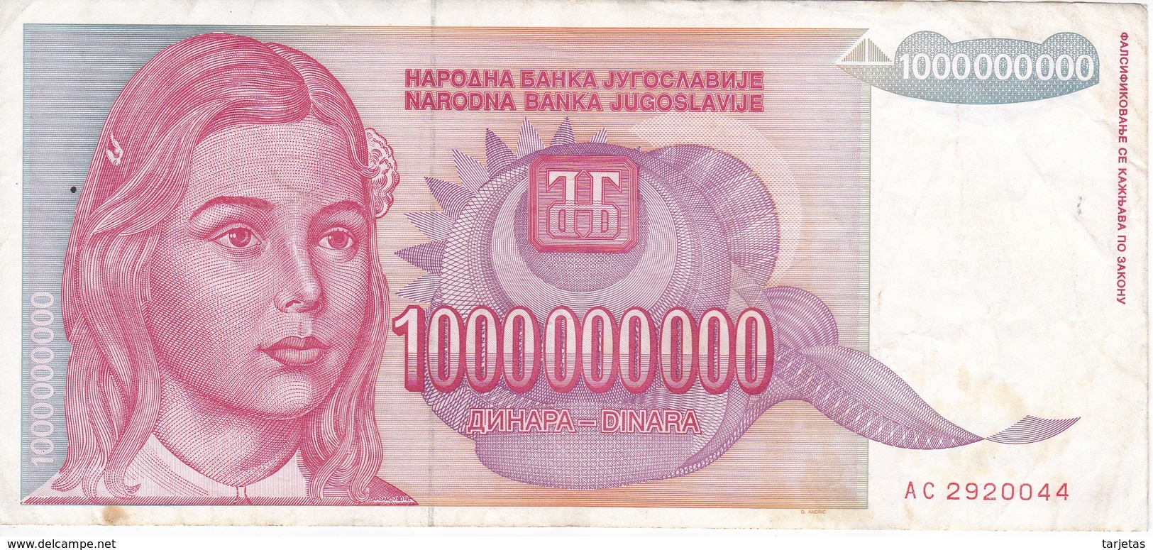 BILLETE DE YUGOSLAVIA DE 1000000000 DINARA  DEL AÑO 1993  (BANKNOTE) - Yugoslavia