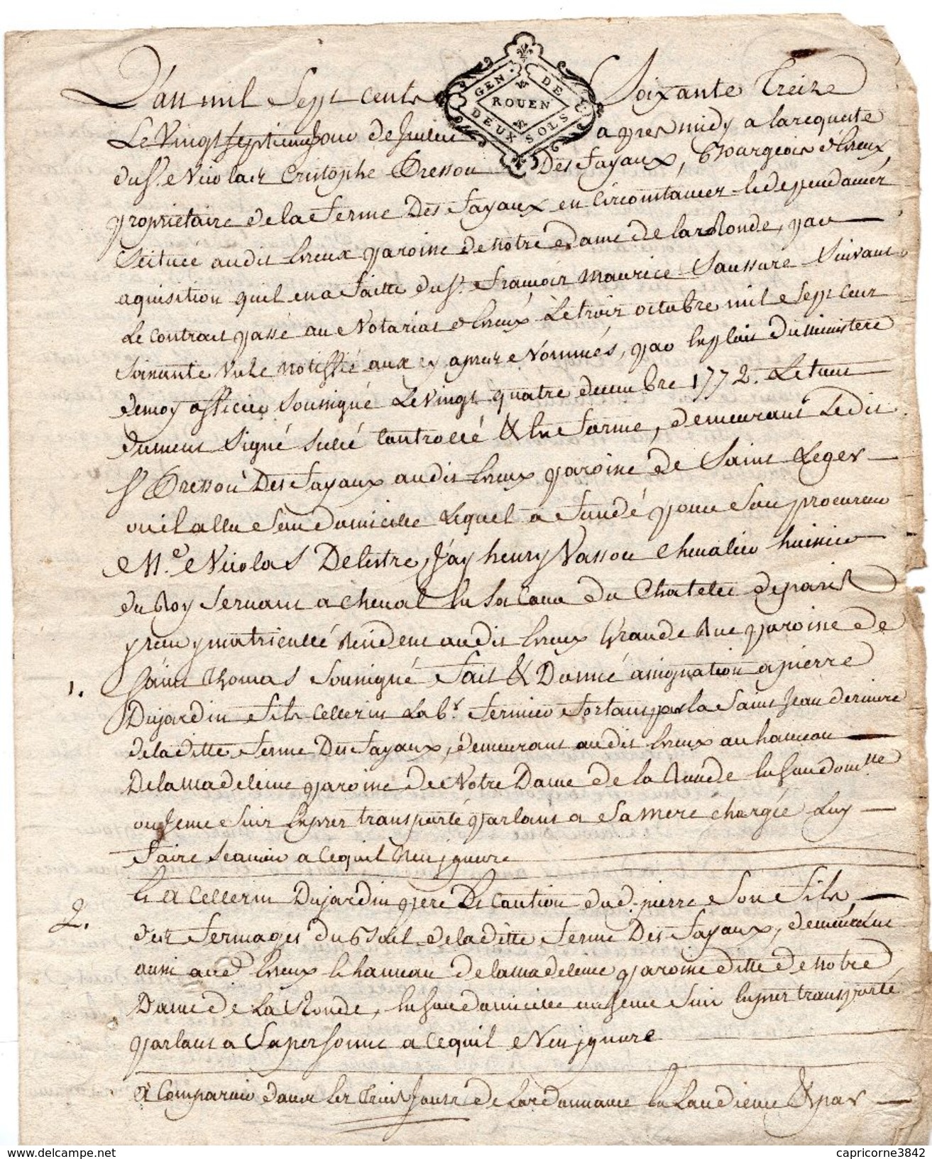 1773 - Parchemin Manuscrit  (2  Pages) Cachet Généralité De Rouen De 2 Sols - Seals Of Generality