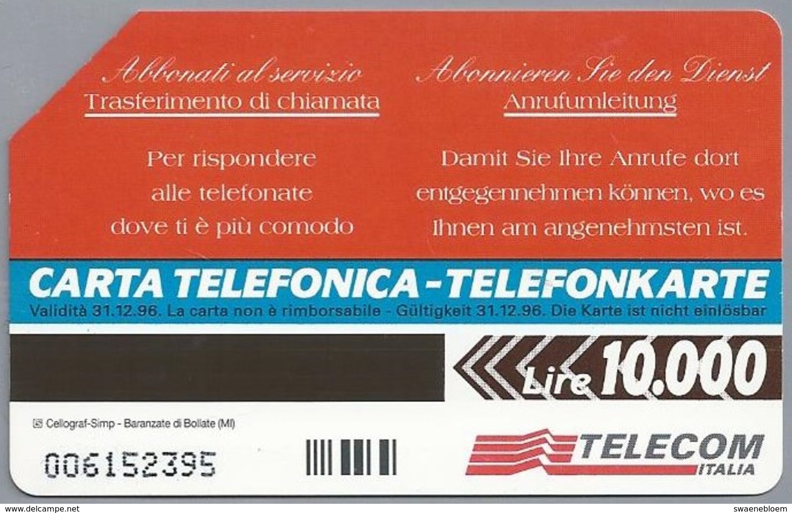 IT.- TELECOM ITALIA. CARTA TELEFONICA. LIRE 10.000. TRASFERIMENTO DI CHIAMATA. ANRUFUMLEITUNG. 2 Scans - GSM-Kaarten, Aanvulling & Voorafbetaald