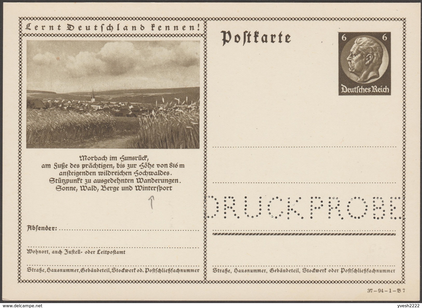 Allemagne 1937. Entier Touristique Perforé Specimen. Morbach Im Hunsrück, Houblon, Sports D'hiver, Soleil, Forêts - Bières