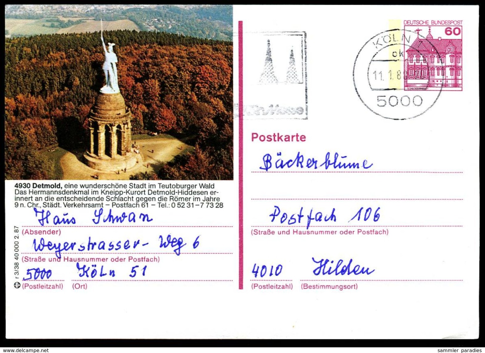 83599) BRD - P 138 - R3/38 - OO Gestempelt - 4930 Detmold, Hermannsdenkmal - Bildpostkarten - Gebraucht