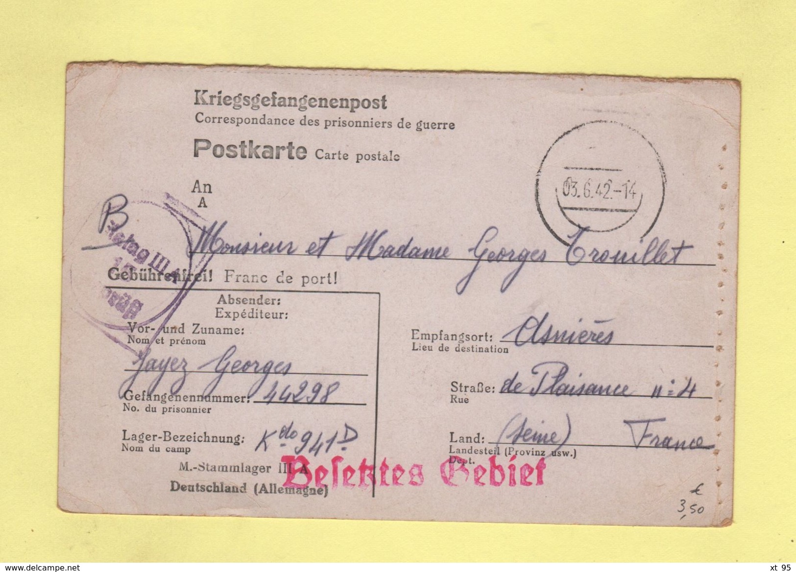 Correspondance De Prisonniers De Guerre - Stalag IIIA - 1942 - Guerra Del 1939-45