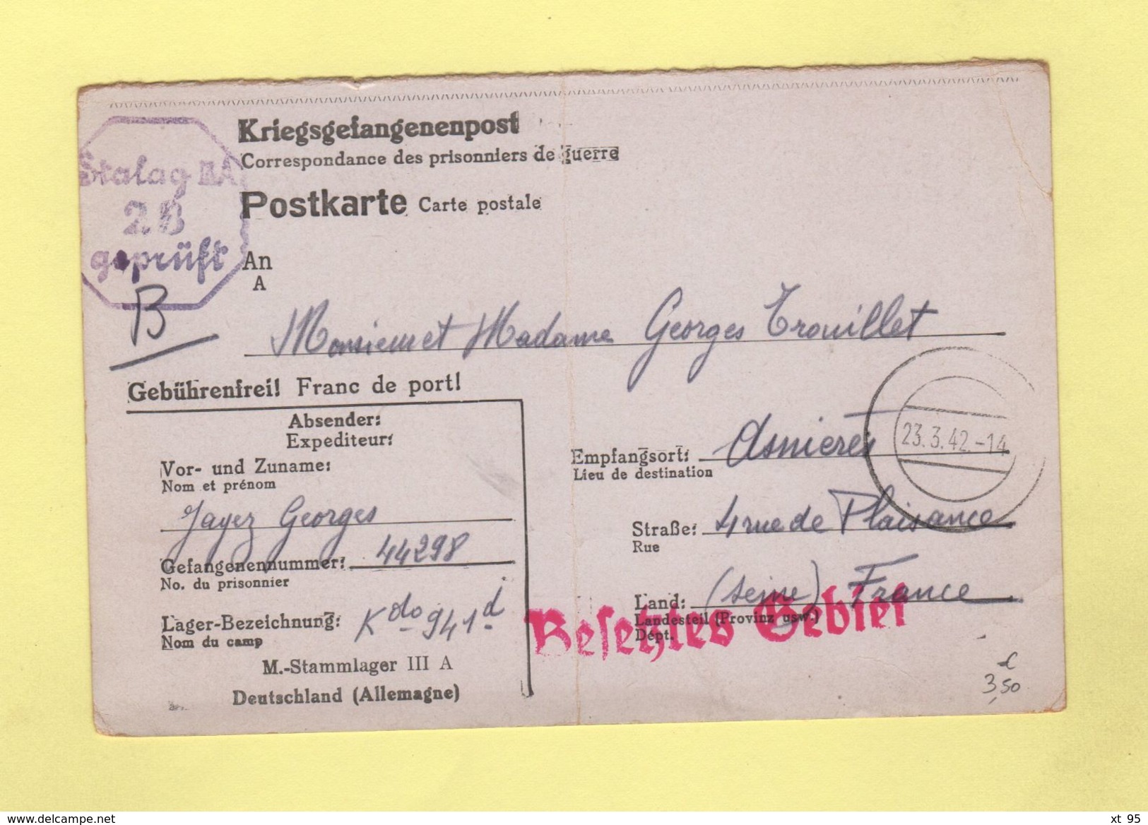 Correspondance De Prisonniers De Guerre - Stalag IIIA - 1942 - Guerre De 1939-45