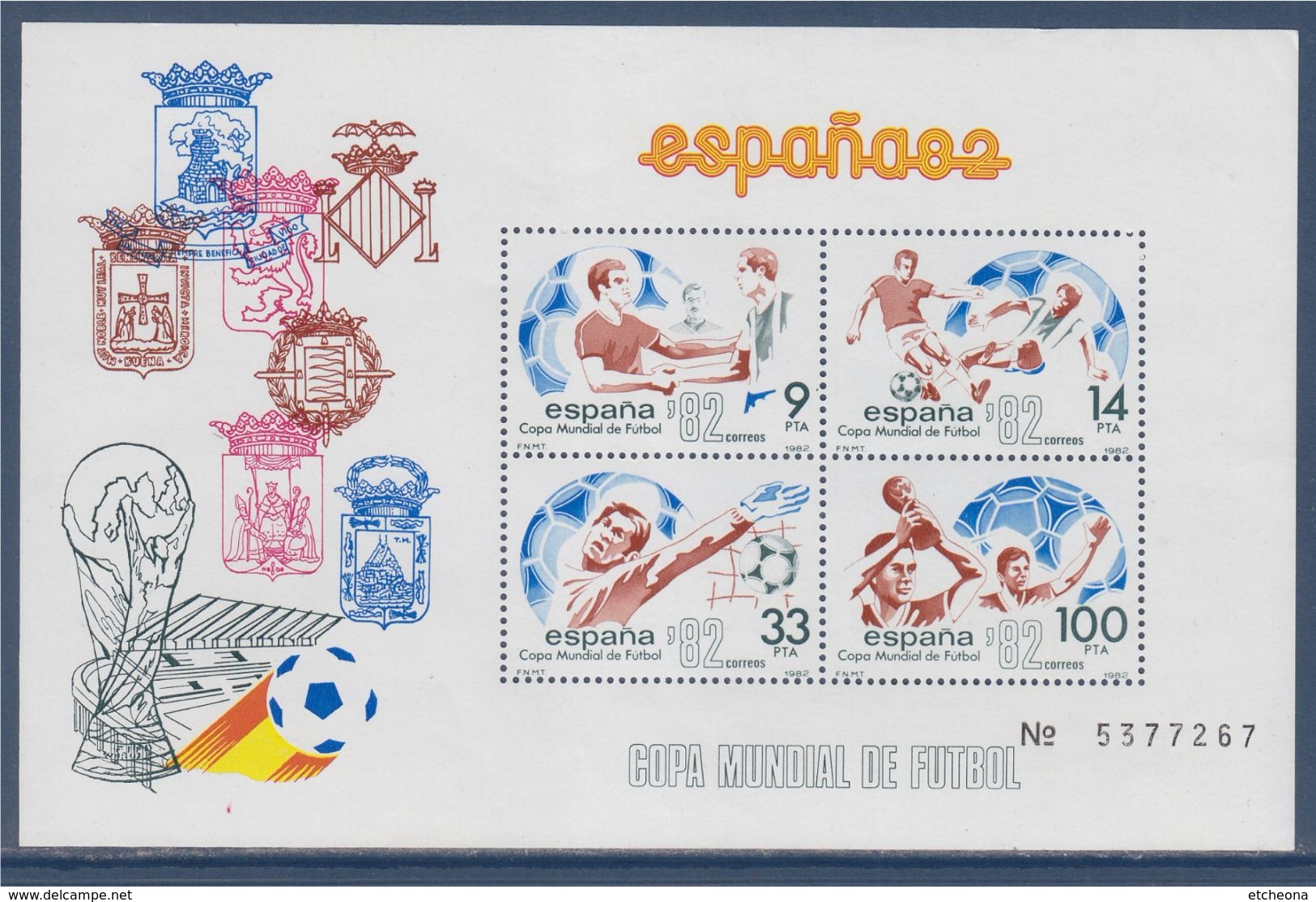 =Coupe Du Monde Football 82 Joueur Serrant La Main, Soulevant La Coupe, Dribblant, Goal, Ballons España82 Bloc 4 Timbres - Blocs & Hojas