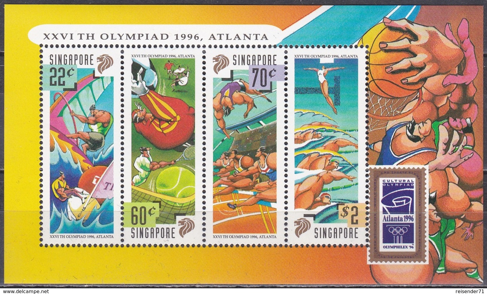 Singapur Singapore 1996 Sport Olympia Olympische Spiele Atlanta Segeln Fußball Tennis Schwimmen, Bl. 51 ** - Singapur (1959-...)