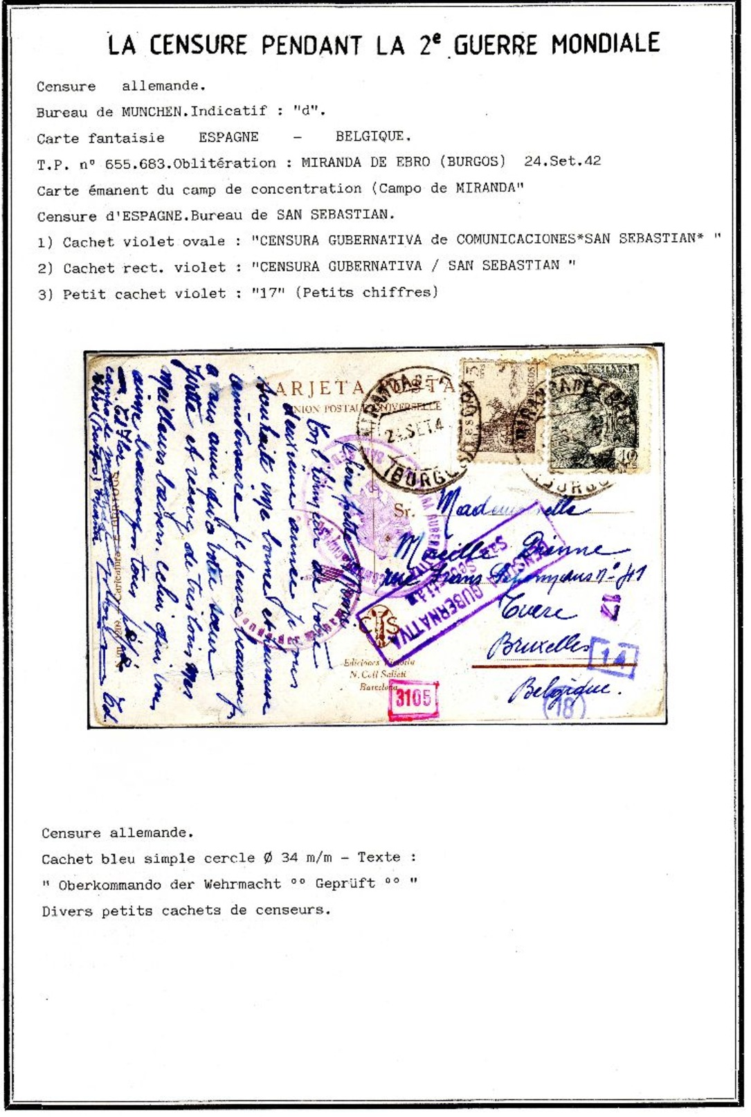 Camp De Concentration De "MIRANDA De EBRO (Borgos)" 11 Documents Du 24/09/42 Au 21/10/43 Exceptionnel RR 11 Scans 675€ - Guerre 40-45 (Lettres & Documents)