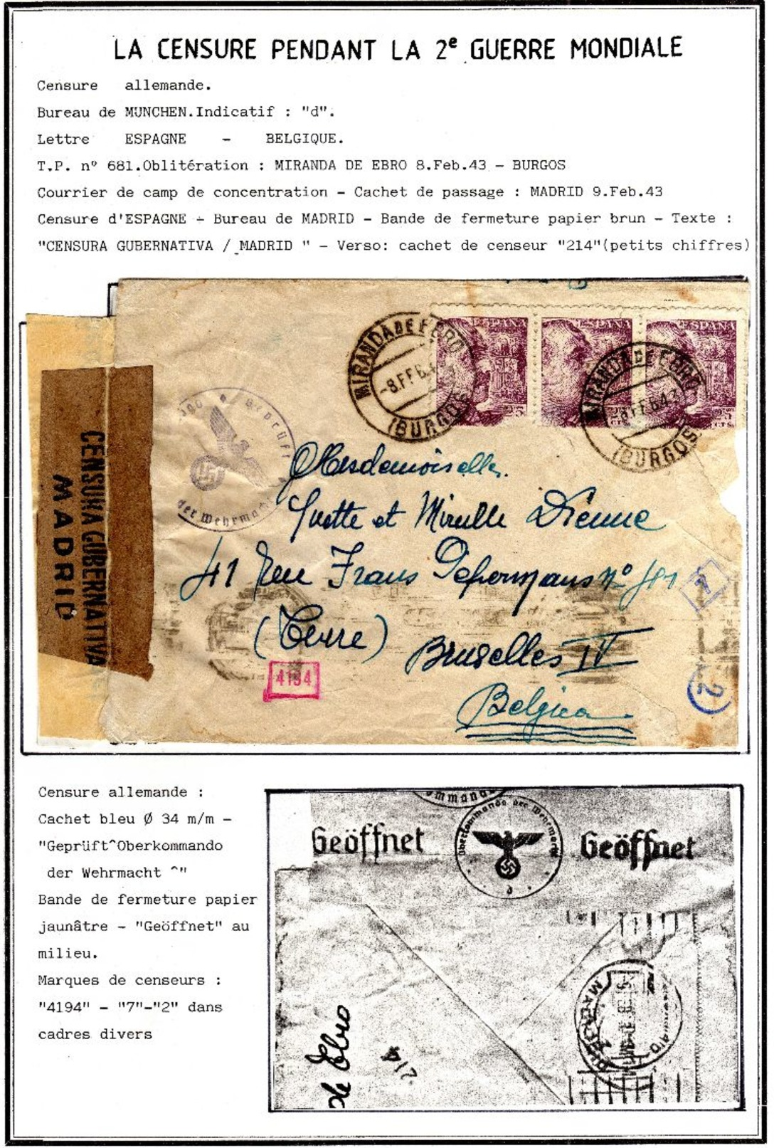 Camp De Concentration De "MIRANDA De EBRO (Borgos)" 11 Documents Du 24/09/42 Au 21/10/43 Exceptionnel RR 11 Scans 675€ - Guerre 40-45 (Lettres & Documents)