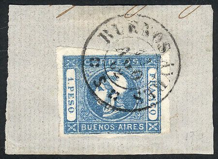 ARGENTINA: GJ.17A, 1P. Milky Blue, Fantastic Example Of Wide Margins On Fragment W - Buenos Aires (1858-1864)