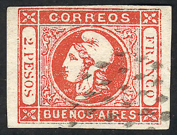 ARGENTINA: GJ.18, 2P. Red, Used With Dotted Cancel, Good Margins, Very Fine Qualit - Buenos Aires (1858-1864)