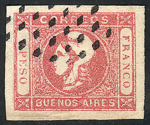 ARGENTINA: GJ.21, 1P. Dark Rose, Worn Impression, Spectacular Example Of Immense M - Buenos Aires (1858-1864)