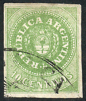ARGENTINA: GJ.8, 10c. Yellow-green, 4 Margins, With The Rare Double Ogive JUJUY Ca - Neufs