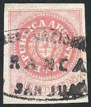 ARGENTINA: GJ.10, 5c. Rose, Very Clear Impression, Wide Margins, With Ellipse "SAN - Unused Stamps