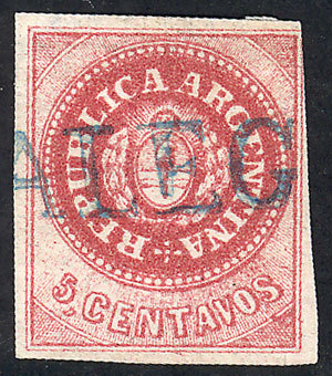 ARGENTINA: GJ.10B, 5c. Dark Carminish Rose, With Straightline Blue GUALEGUAYCHÚ Ca - Unused Stamps