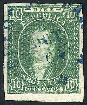 ARGENTINA: GJ.17, 10c. Green IMPERFORATE, Very Clear Impression, Immense Margins ( - Usados