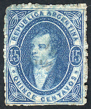 ARGENTINA: GJ.22, 15c. Blue, ABSOLUTELY CLEAR Impression, With Light Strike Of Blu - Used Stamps