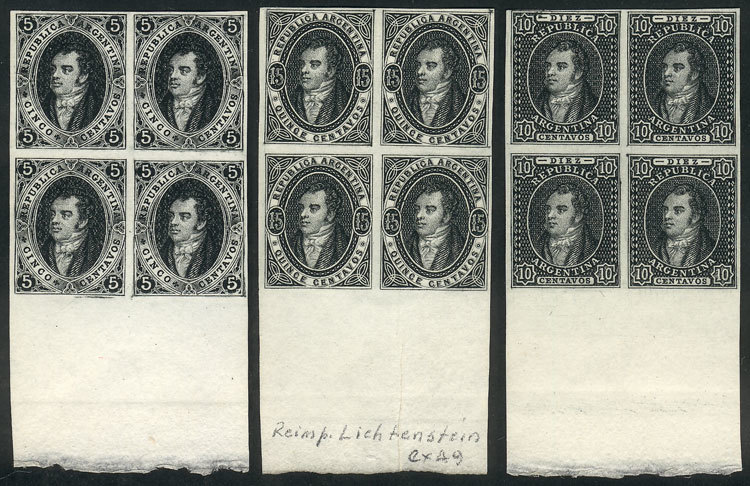 ARGENTINA: Liechtenstein Reprints, The Complete Set Of 3 Values In Blocks Of 4, Ex - Used Stamps