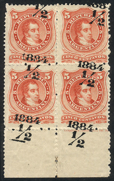 ARGENTINA: GJ.71a, Block Of 4 With Variety "½ At Top" (strongly Shifted Overprint) - Autres & Non Classés