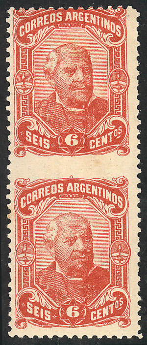 ARGENTINA: GJ.86PH, 6c. Sarmiento, Pair IMPERFORATE BETWEEN, Mint Lightly Hinged, - Autres & Non Classés