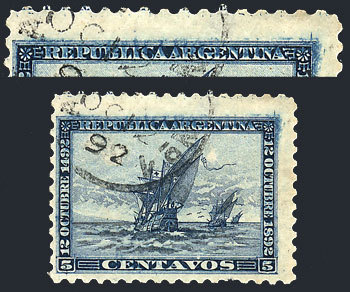 ARGENTINA: GJ.136, 1892 5c. Discovery Of America 400 Years, With VARIETY: Partial - Autres & Non Classés