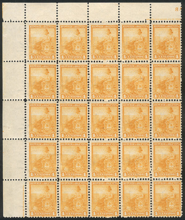 ARGENTINA: GJ.221, 4c. Seated Liberty, Beautiful Block Of 25 Stamps, MNH (4 Hinged - Other & Unclassified