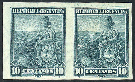 ARGENTINA: GJ.224P, 10c. Liberty, IMPERFORATE PAIR, Excellent Quality! - Other & Unclassified
