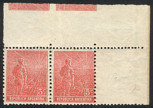 ARGENTINA: GJ.394, 1915 5c. Plowman, Unwatermarked (French Paper), Corner Pair Wit - Other & Unclassified