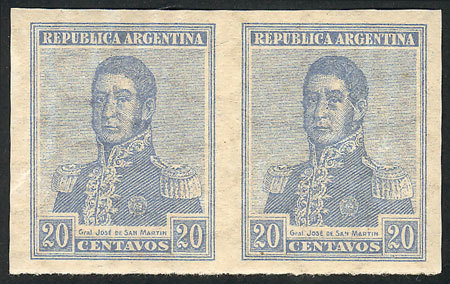 ARGENTINA: GJ.448P, 1917 San Martín 20c., IMPERFORATE PAIR, MNH, Superb And Rare! - Other & Unclassified