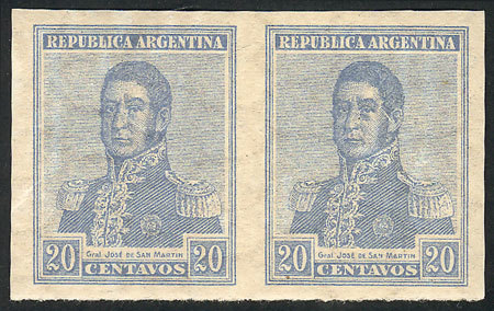 ARGENTINA: GJ.448P, 1917 San Martín 20c., IMPERFORATE PAIR, MNH, Superb And Rare! - Autres & Non Classés