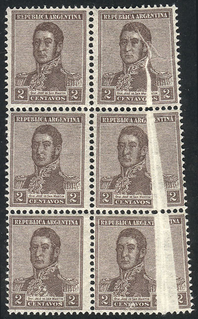 ARGENTINA: GJ.459, 2c. San Martín Unwatermarked, Block Of 6 With Notable PAPER FOL - Other & Unclassified