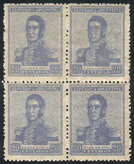 ARGENTINA: GJ.472a, San Martín 20c. Unwatermarked, Block Of 4 With COMPLETE DOUBLE - Other & Unclassified